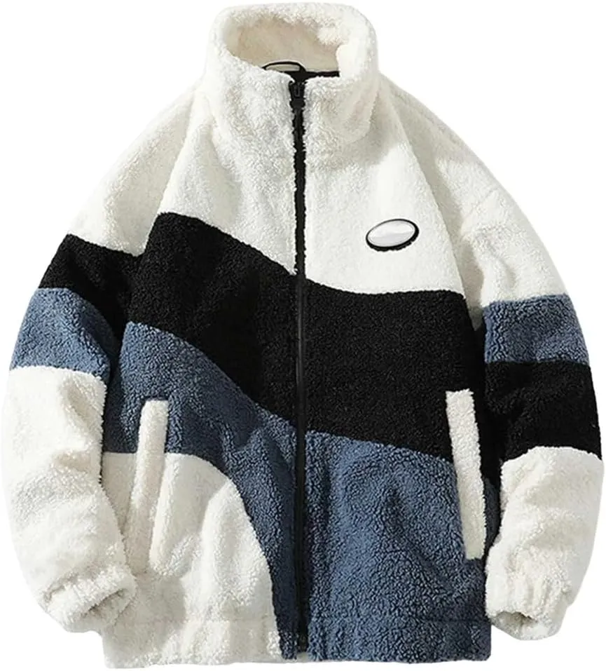 Mens Jacket Casual Contrast Color Warm Fleece Thickened Long Sleeved Cotton-Padded Coat