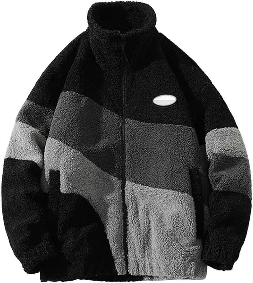 Mens Jacket Casual Contrast Color Warm Fleece Thickened Long Sleeved Cotton-Padded Coat