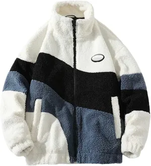Mens Jacket Casual Contrast Color Warm Fleece Thickened Long Sleeved Cotton-Padded Coat