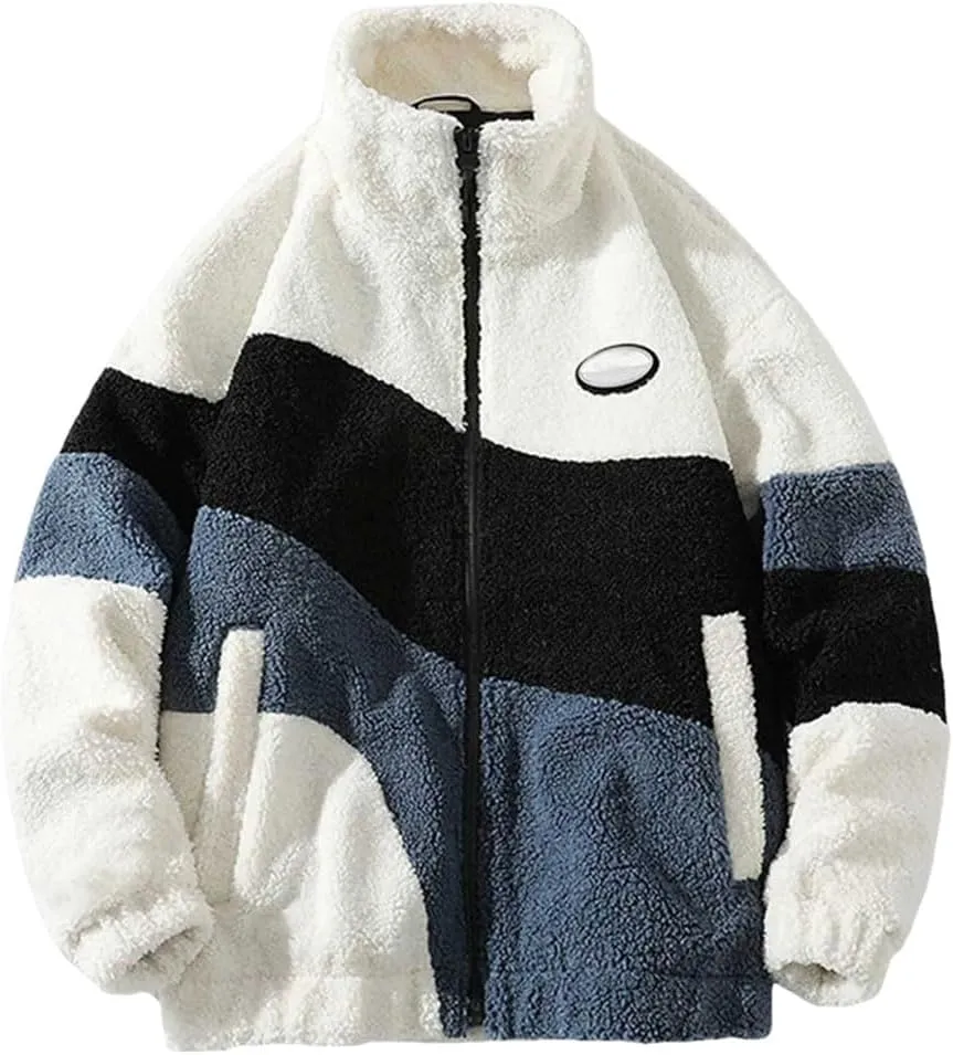 Mens Jacket Casual Contrast Color Warm Fleece Thickened Long Sleeved Cotton-Padded Coat