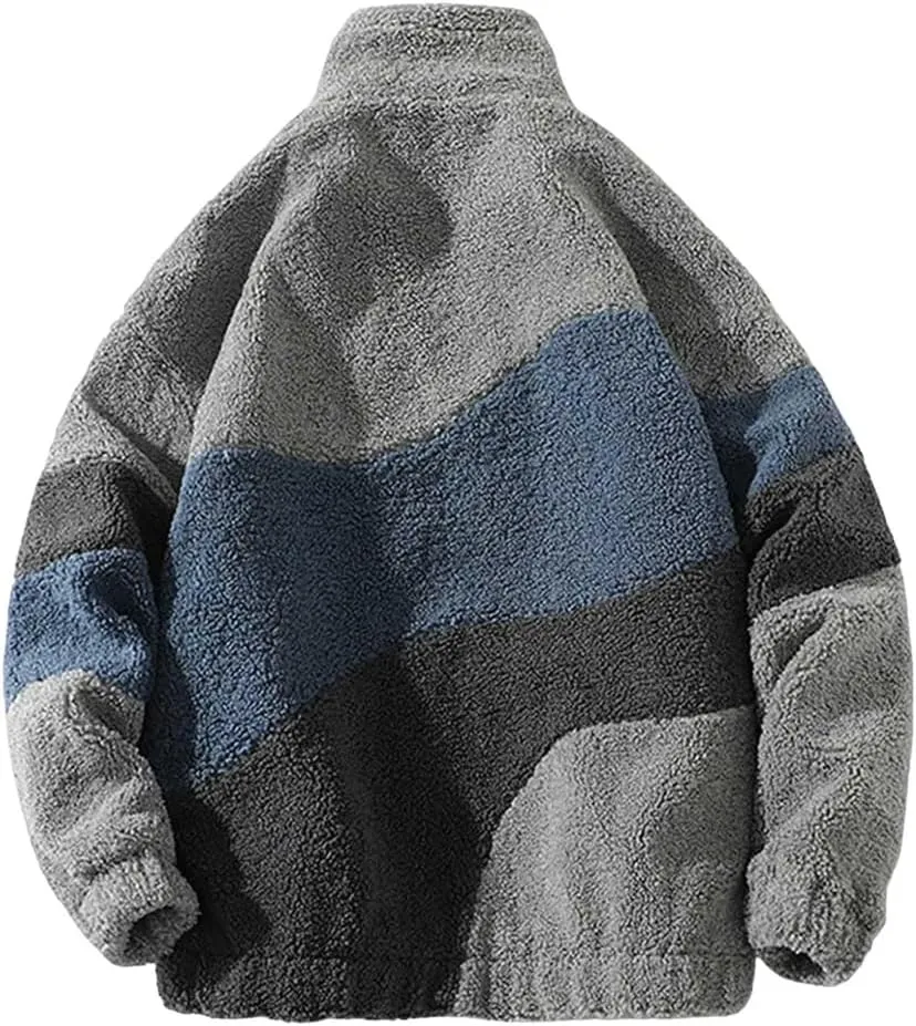 Mens Jacket Casual Contrast Color Warm Fleece Thickened Long Sleeved Cotton-Padded Coat