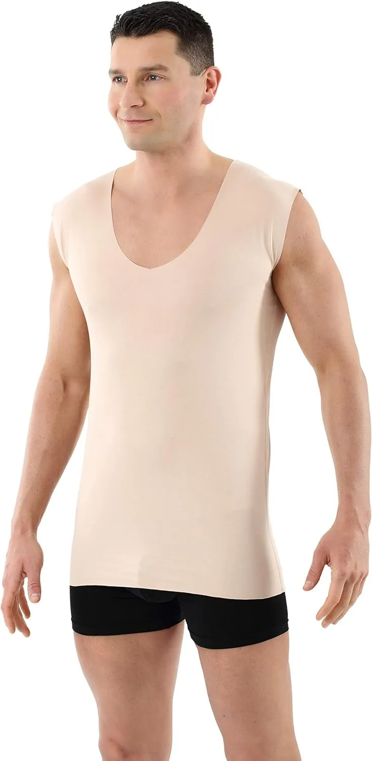 Men's Laser Cut Invisible Seamless deep v-Neck Undershirt Sleeveless Stretch Cotton Nude Beige