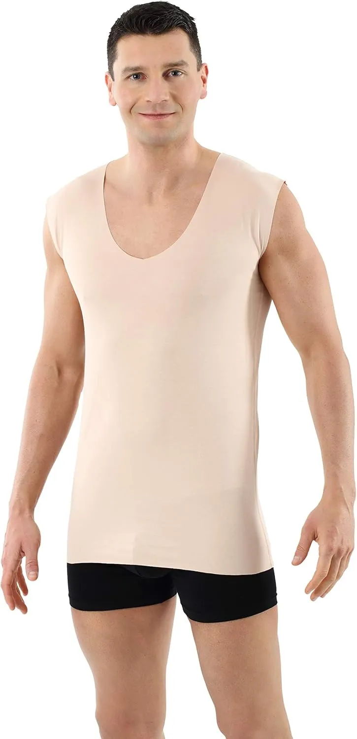 Men's Laser Cut Invisible Seamless deep v-Neck Undershirt Sleeveless Stretch Cotton Nude Beige