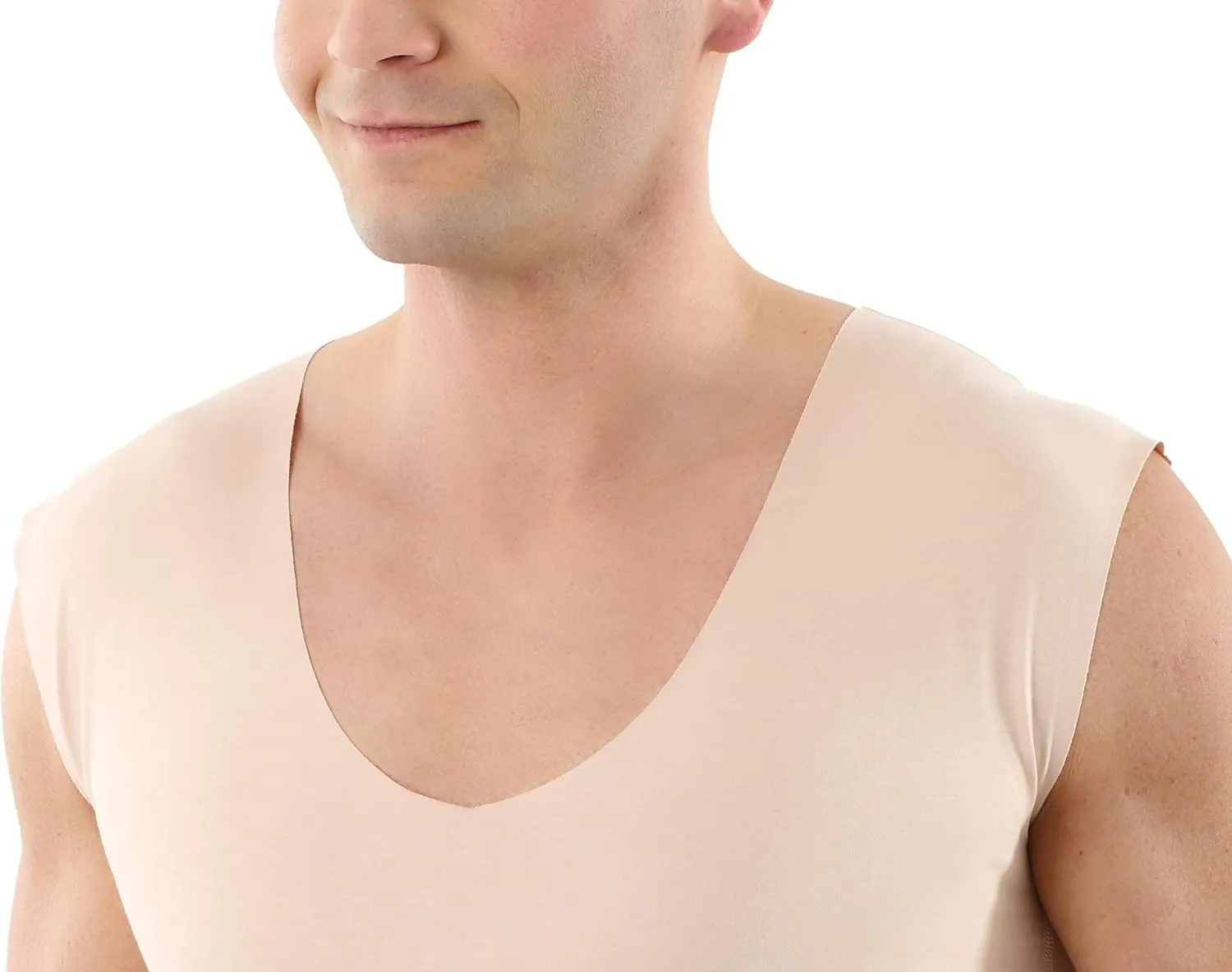 Men's Laser Cut Invisible Seamless deep v-Neck Undershirt Sleeveless Stretch Cotton Nude Beige