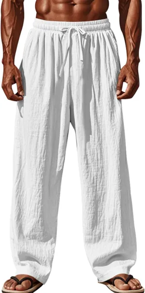Mens Linen Pants Yoga Beach Loose Fit Casual Summer Elastic Waist Drawstring Baggy Trousers with Pockets White