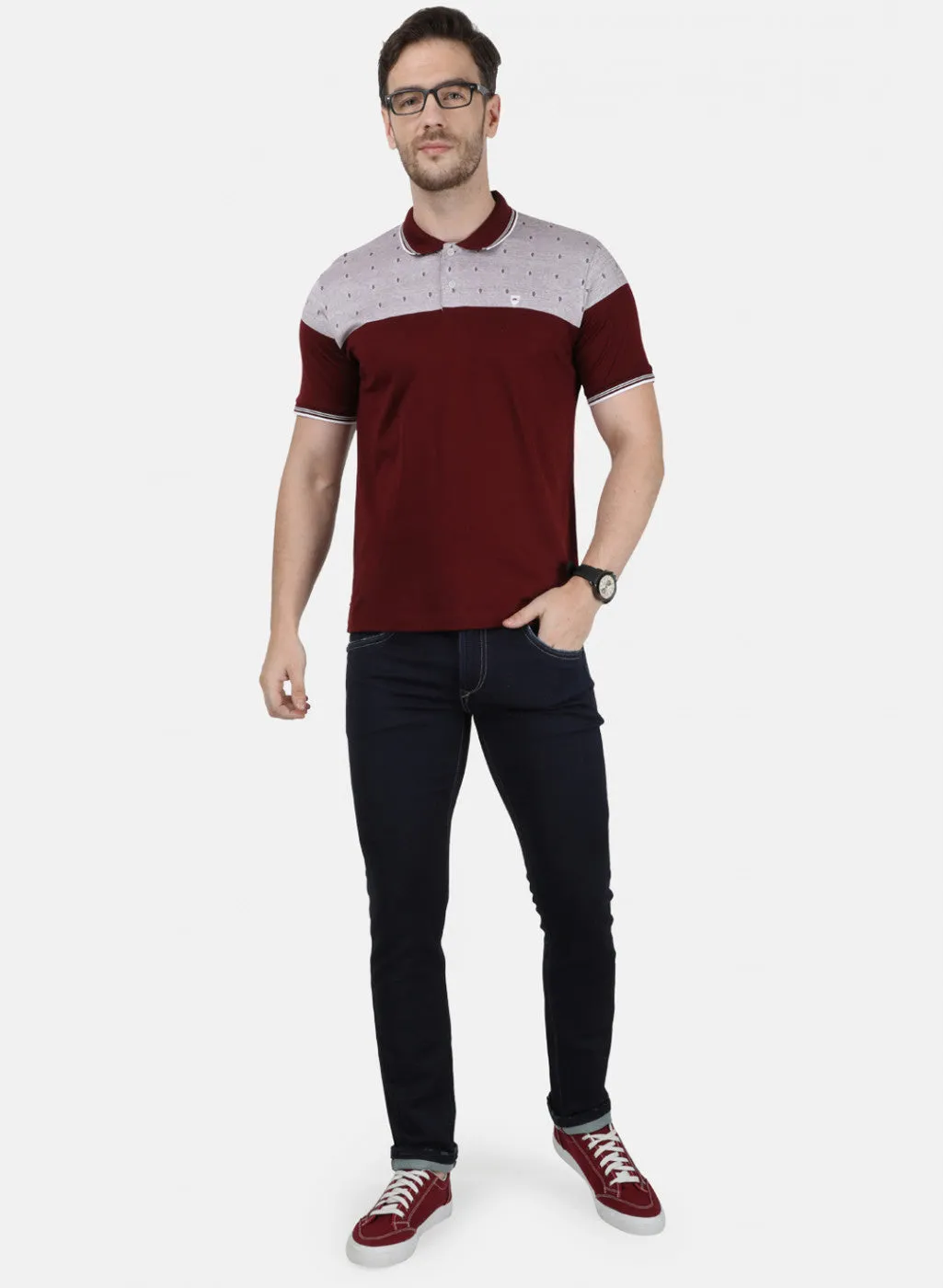 Mens Maroon Jaquard Collar T-Shirts