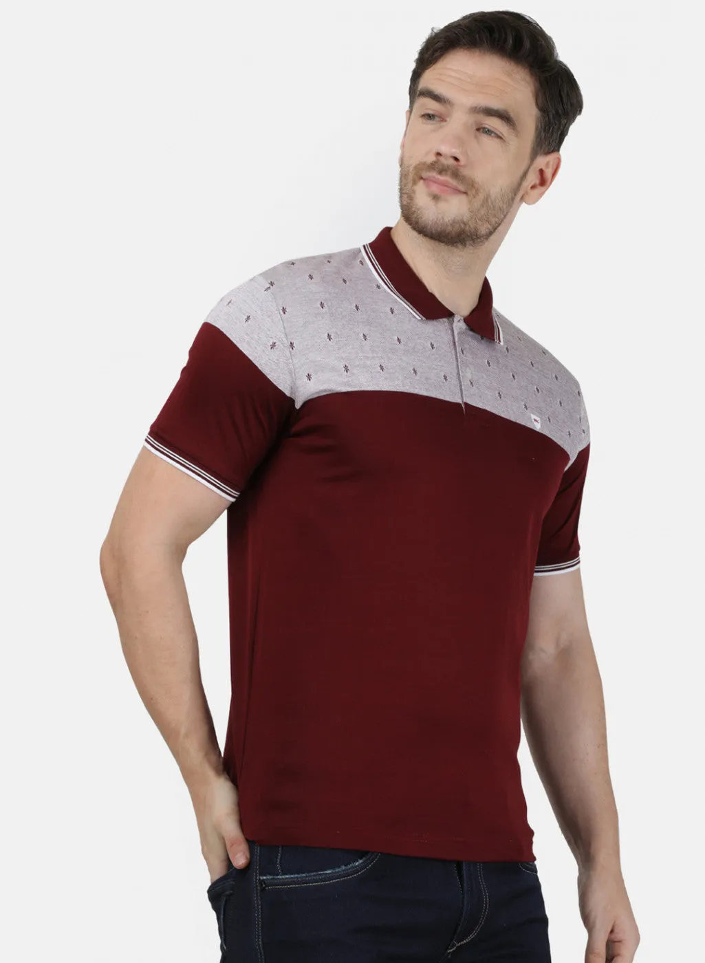 Mens Maroon Jaquard Collar T-Shirts