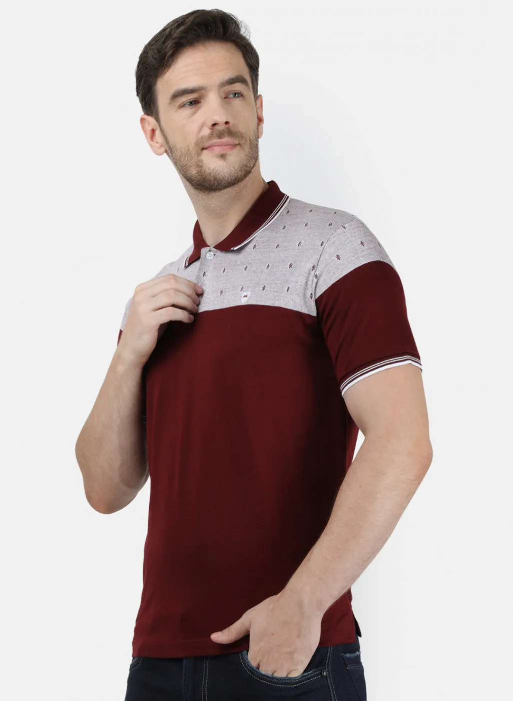 Mens Maroon Jaquard Collar T-Shirts