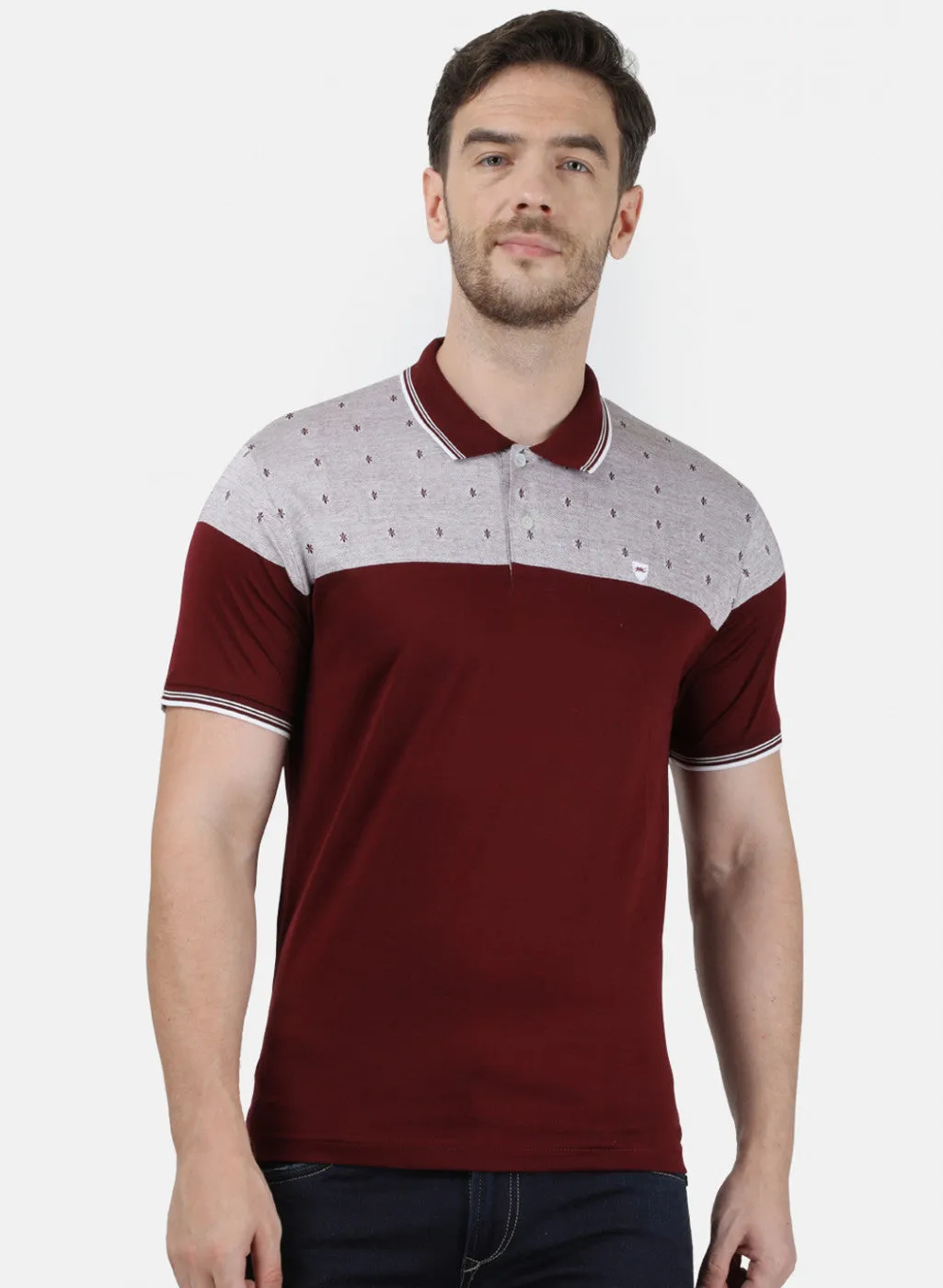 Mens Maroon Jaquard Collar T-Shirts