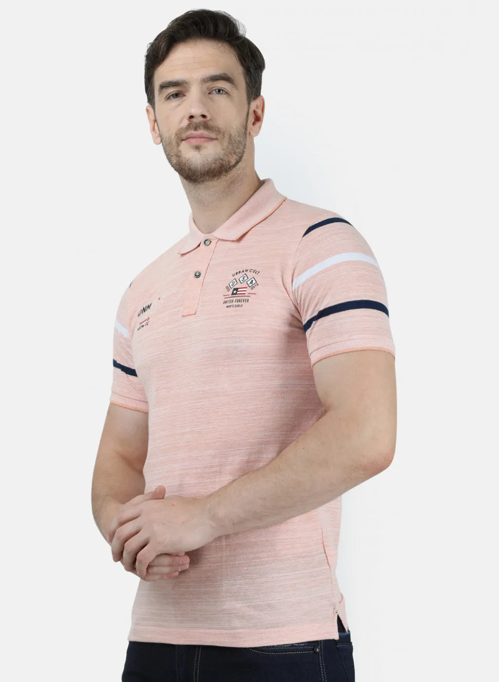 Mens Peach Printed Collar T-Shirts
