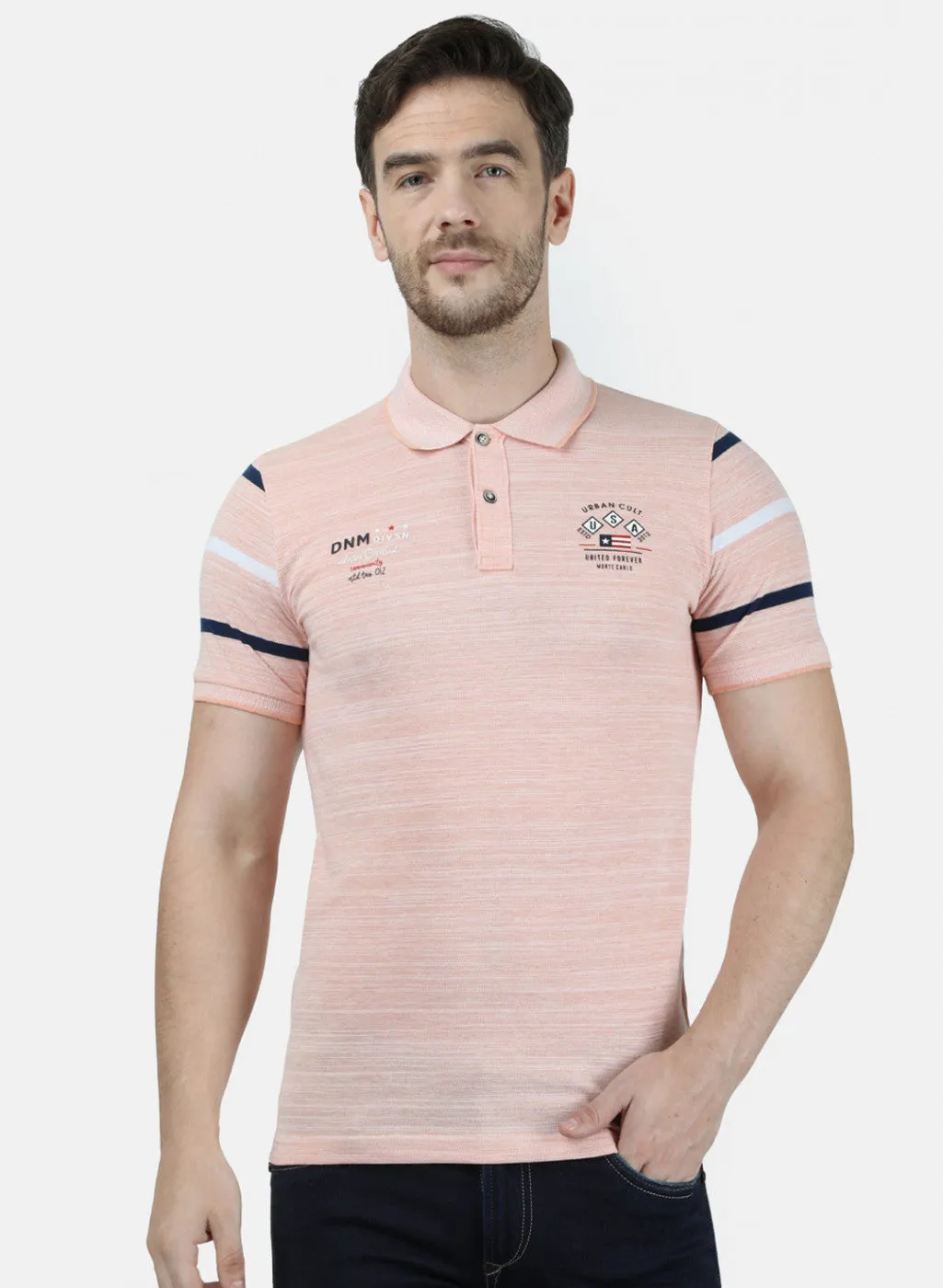 Mens Peach Printed Collar T-Shirts
