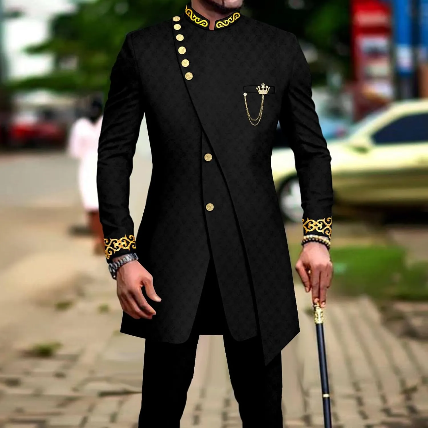 Men`s Suit Double Breasted Slim Fit Embroidery Chain Blazer and Pants Set Dashiki Outfits African Clothes