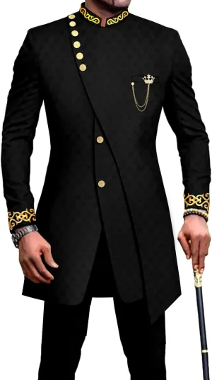 Men`s Suit Double Breasted Slim Fit Embroidery Chain Blazer and Pants Set Dashiki Outfits African Clothes