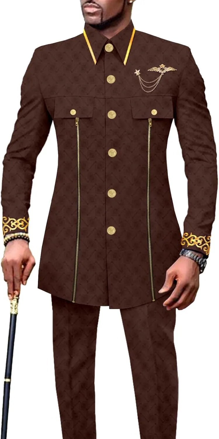 Men`s Suits African Clothes Slim Fit Embroidery Single Breasted Full Sleeve Zip Blazer and Pants Set