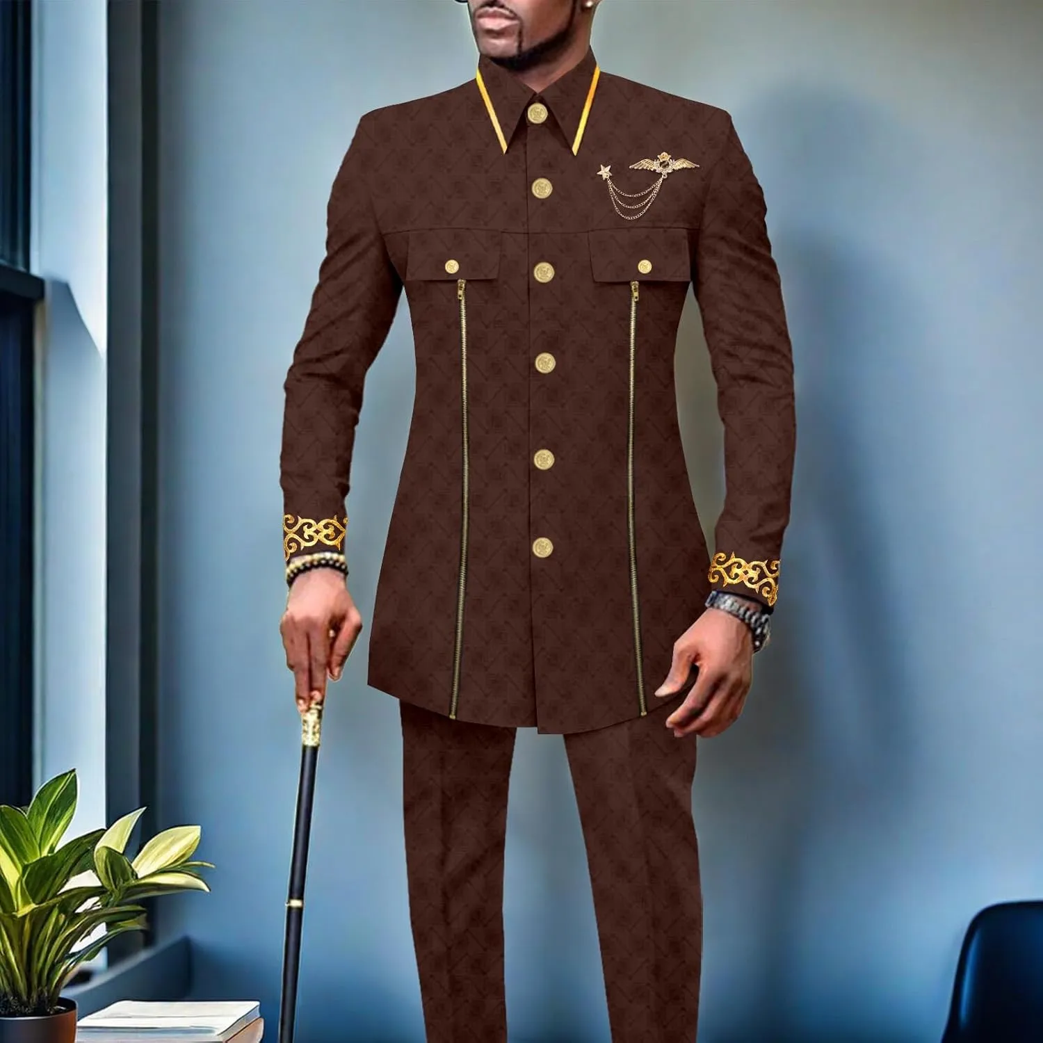 Men`s Suits African Clothes Slim Fit Embroidery Single Breasted Full Sleeve Zip Blazer and Pants Set