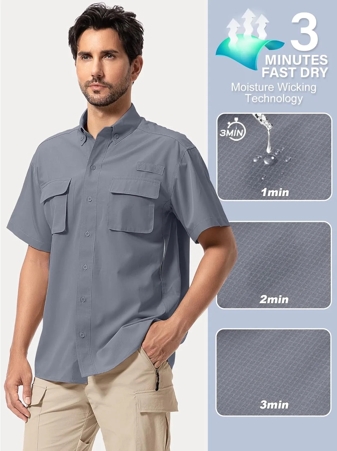 Mens UPF 50  Sun Protection Short Sleeve Quick Dry Fishing Safari Hiking Shirt with Zipper Pocket Lightweight Cooling