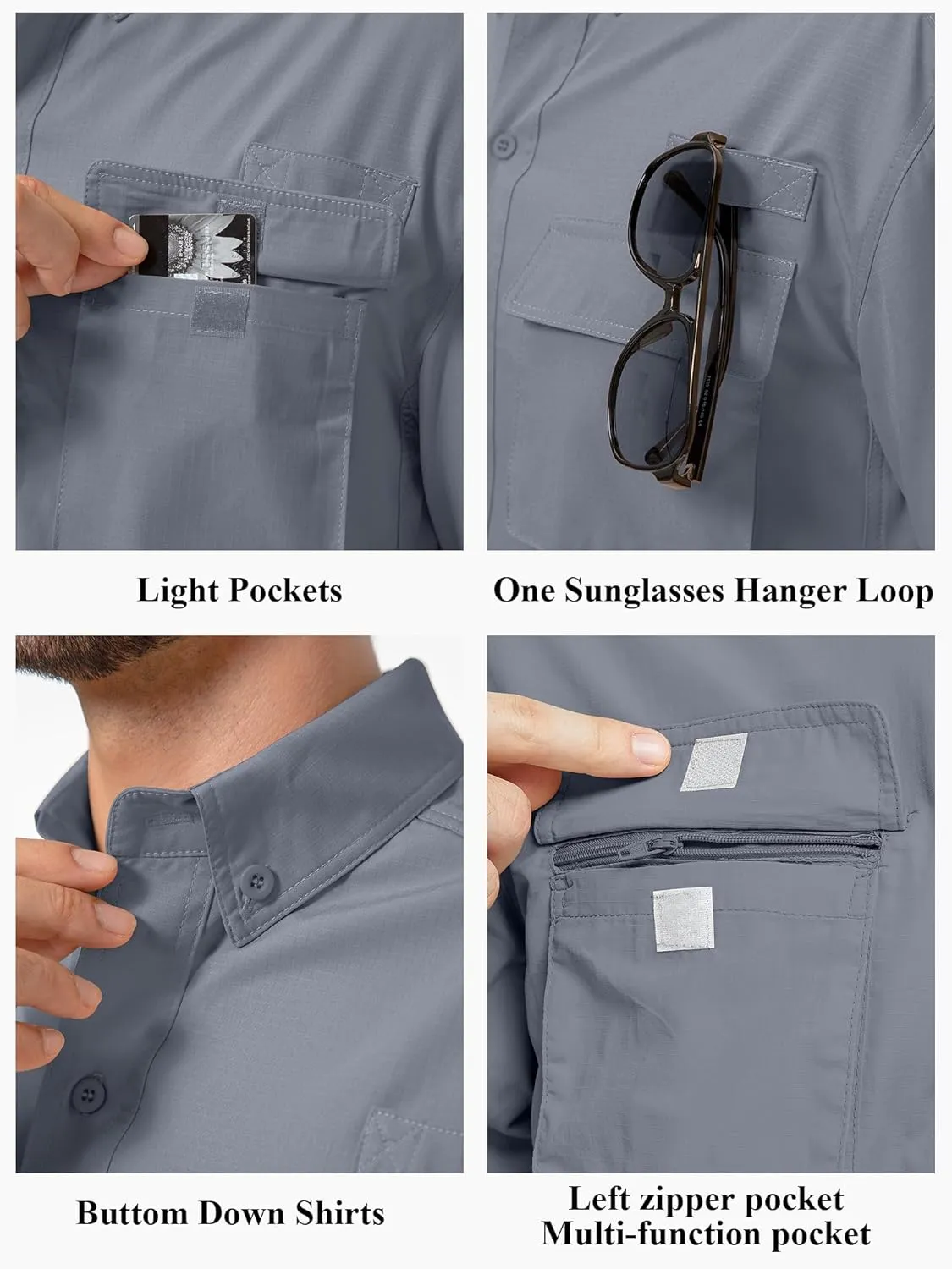 Mens UPF 50  Sun Protection Short Sleeve Quick Dry Fishing Safari Hiking Shirt with Zipper Pocket Lightweight Cooling