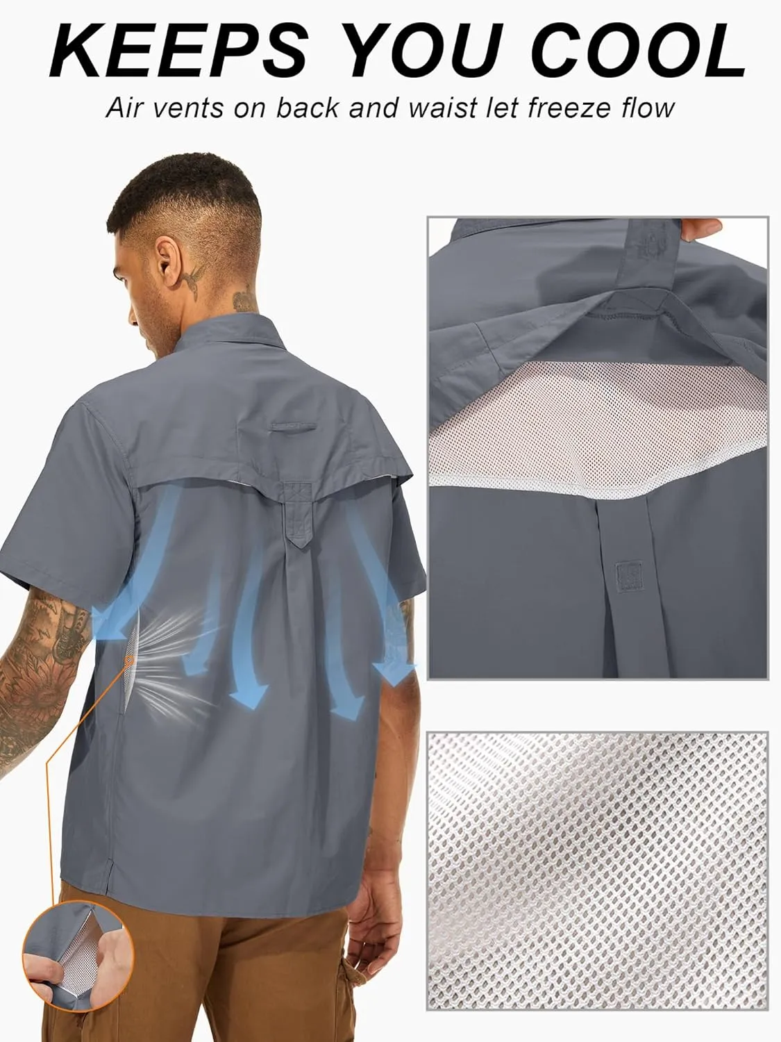 Mens UPF 50  Sun Protection Short Sleeve Quick Dry Fishing Safari Hiking Shirt with Zipper Pocket Lightweight Cooling