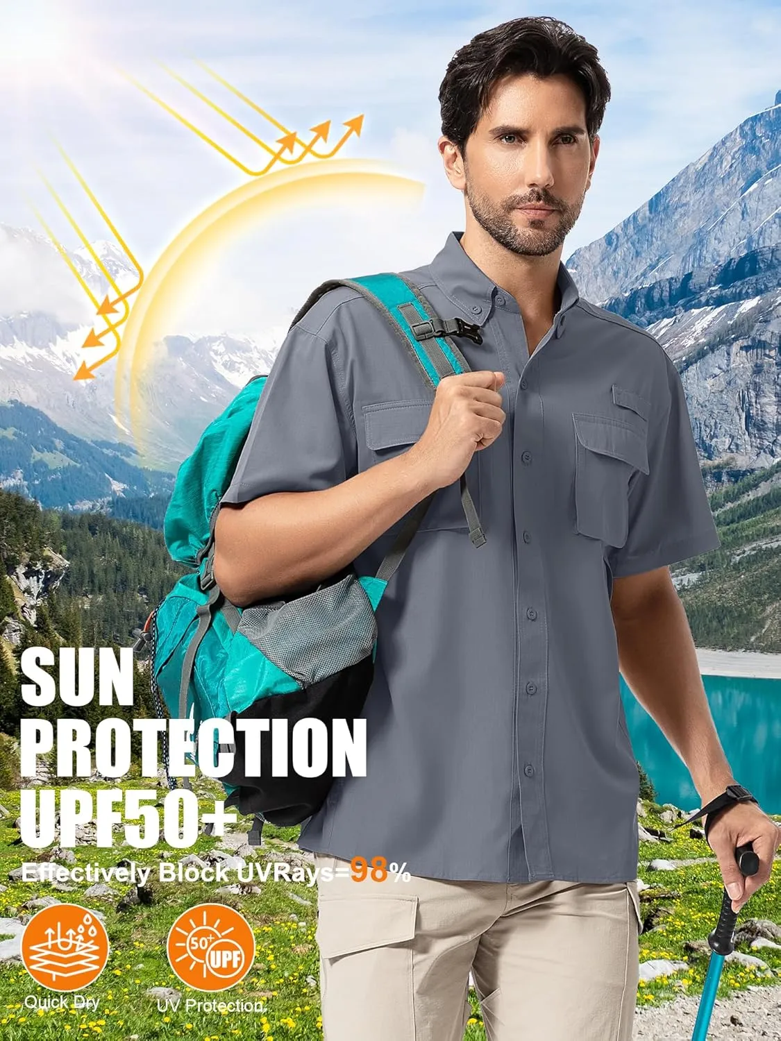Mens UPF 50  Sun Protection Short Sleeve Quick Dry Fishing Safari Hiking Shirt with Zipper Pocket Lightweight Cooling