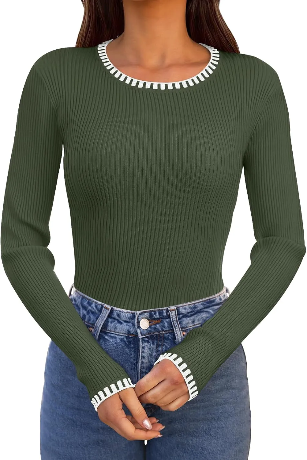 MEROKEETY Women's 2024 Long Sleeve Ribbed Color Block Sweater Crewneck Slim Fitted Basic Knit T Shirt Tops