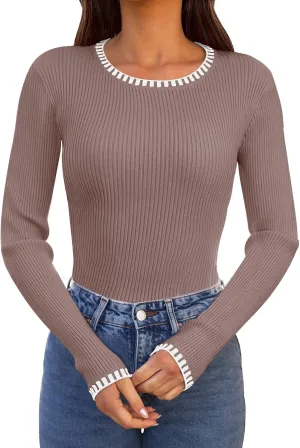 MEROKEETY Women's 2024 Long Sleeve Ribbed Color Block Sweater Crewneck Slim Fitted Basic Knit T Shirt Tops