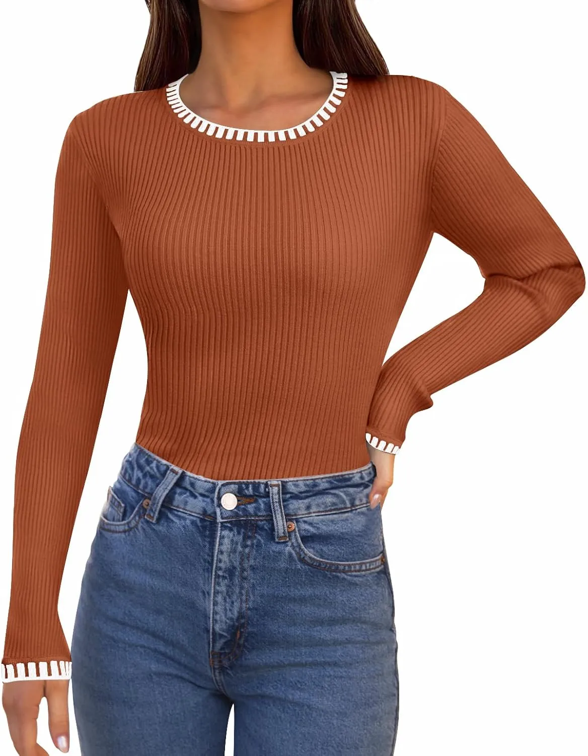 MEROKEETY Women's 2024 Long Sleeve Ribbed Color Block Sweater Crewneck Slim Fitted Basic Knit T Shirt Tops