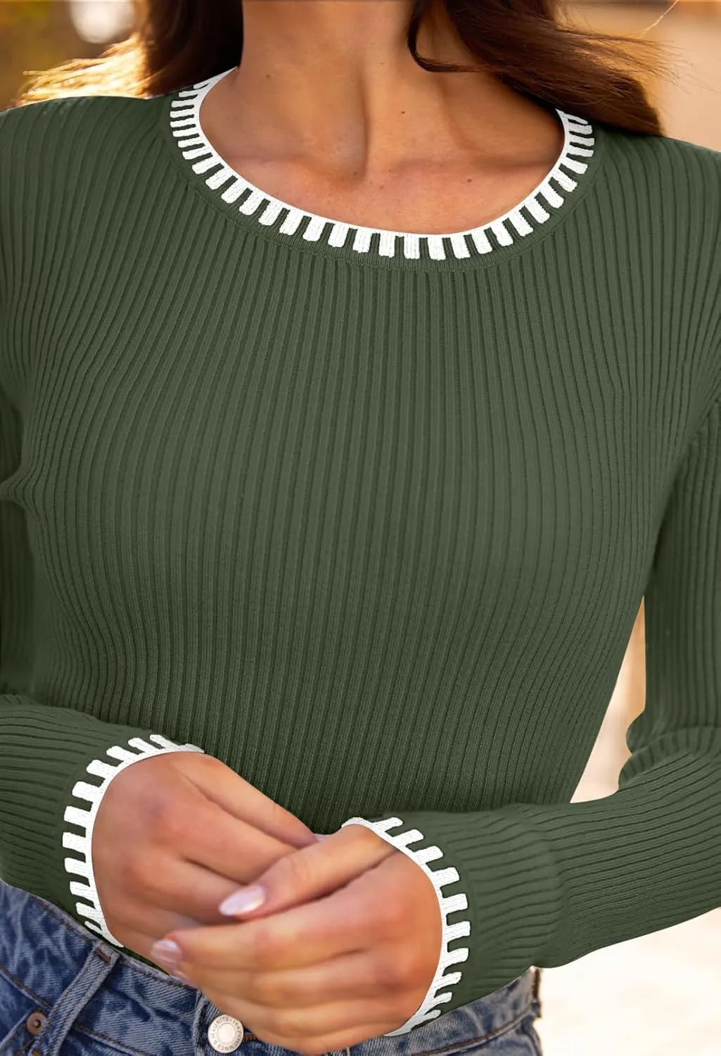 MEROKEETY Women's 2024 Long Sleeve Ribbed Color Block Sweater Crewneck Slim Fitted Basic Knit T Shirt Tops