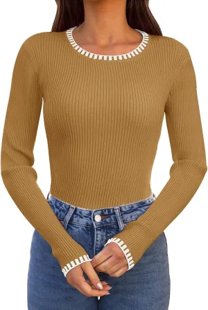 MEROKEETY Women's 2024 Long Sleeve Ribbed Color Block Sweater Crewneck Slim Fitted Basic Knit T Shirt Tops