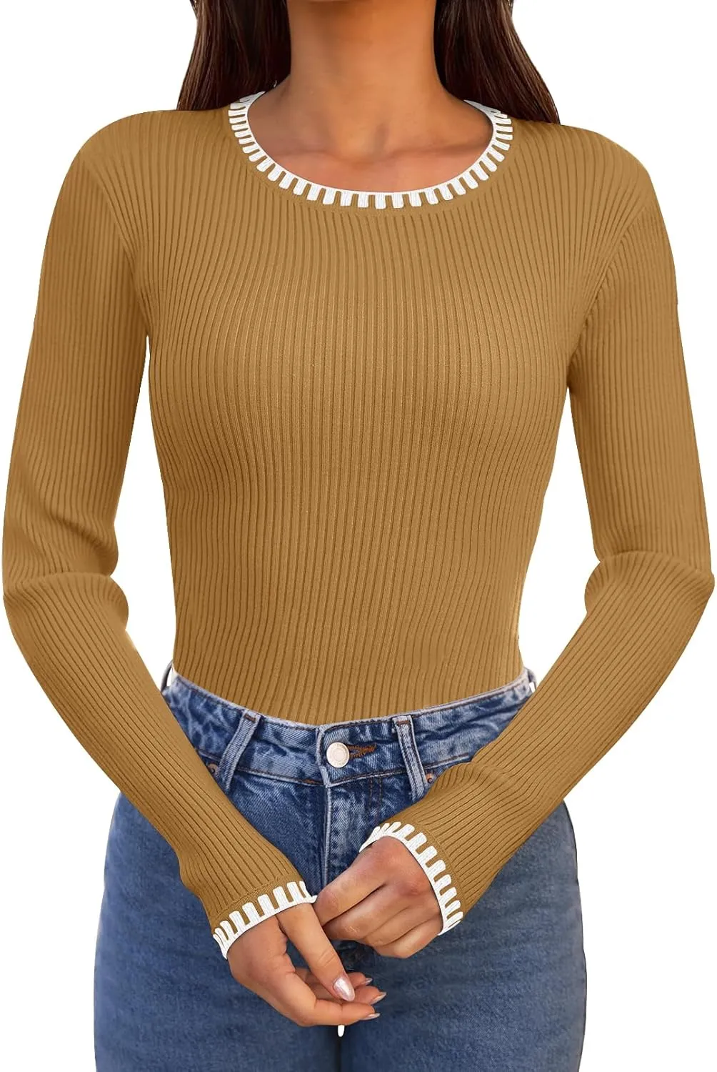 MEROKEETY Women's 2024 Long Sleeve Ribbed Color Block Sweater Crewneck Slim Fitted Basic Knit T Shirt Tops