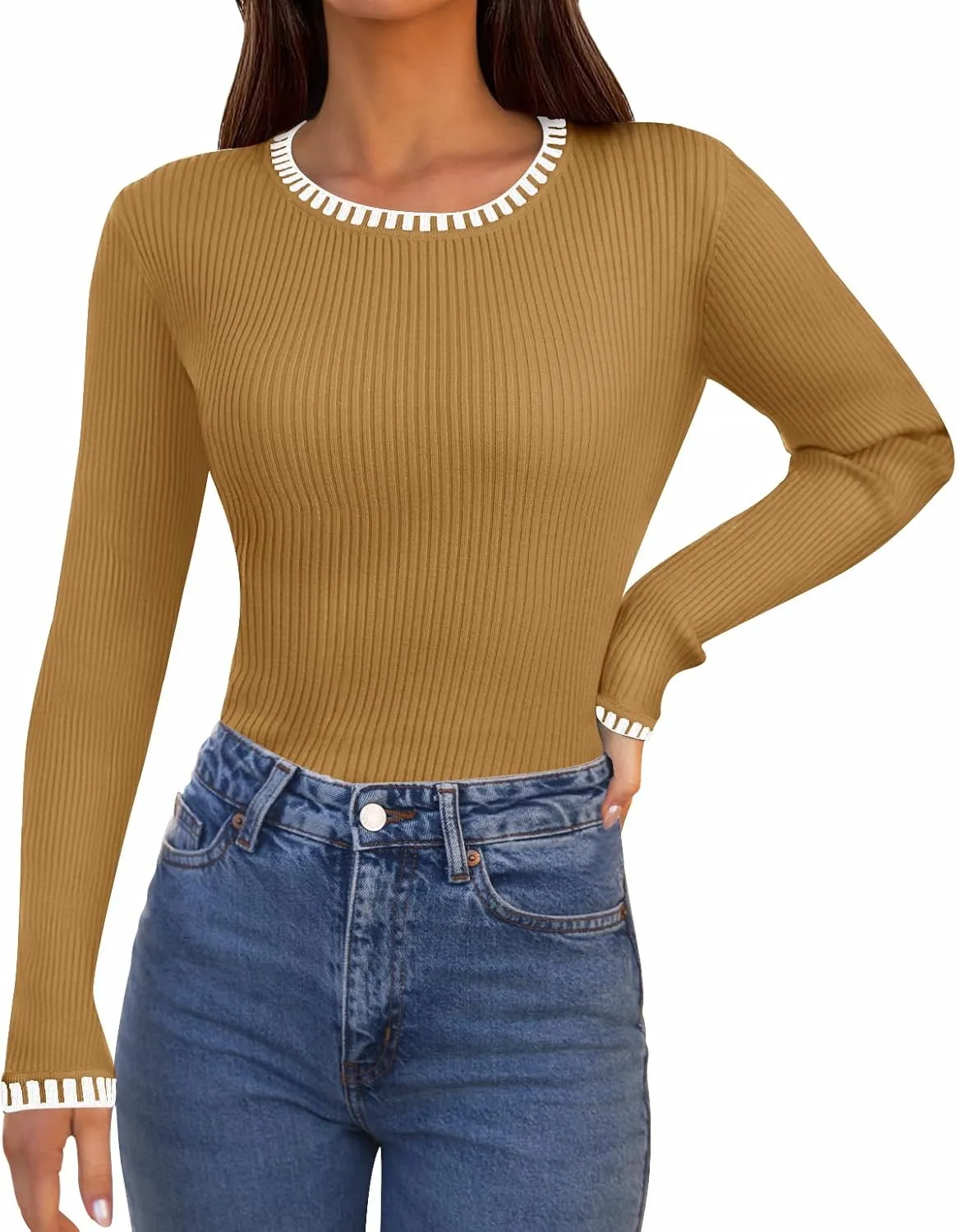 MEROKEETY Women's 2024 Long Sleeve Ribbed Color Block Sweater Crewneck Slim Fitted Basic Knit T Shirt Tops