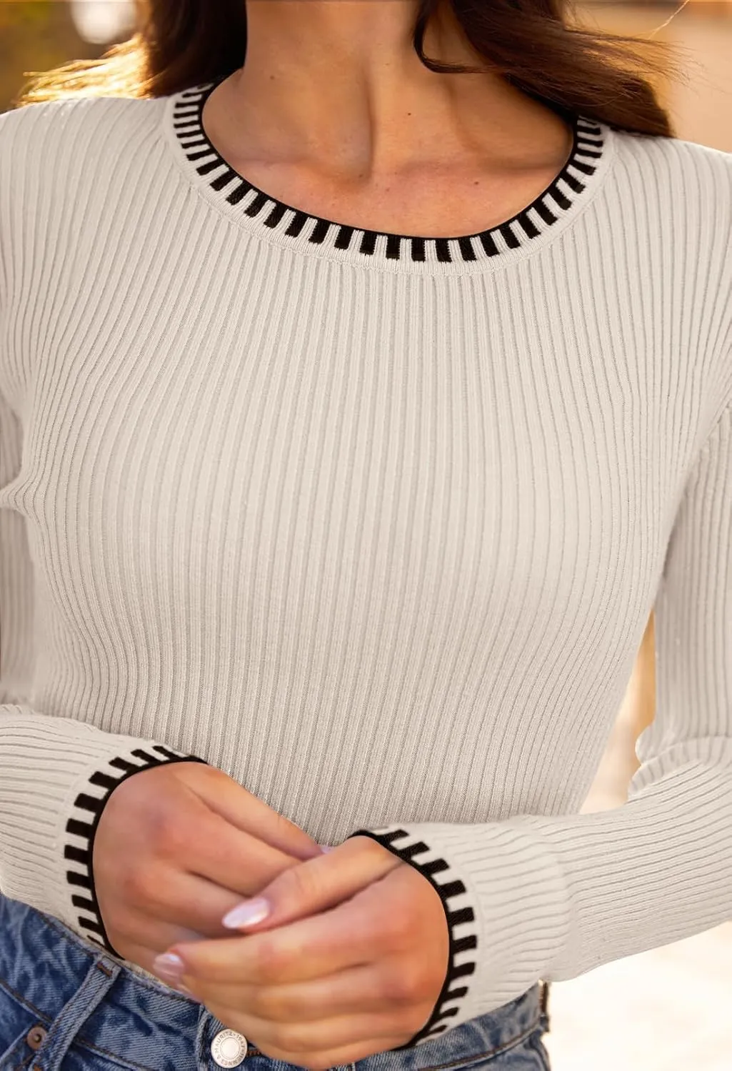 MEROKEETY Women's 2024 Long Sleeve Ribbed Color Block Sweater Crewneck Slim Fitted Basic Knit T Shirt Tops