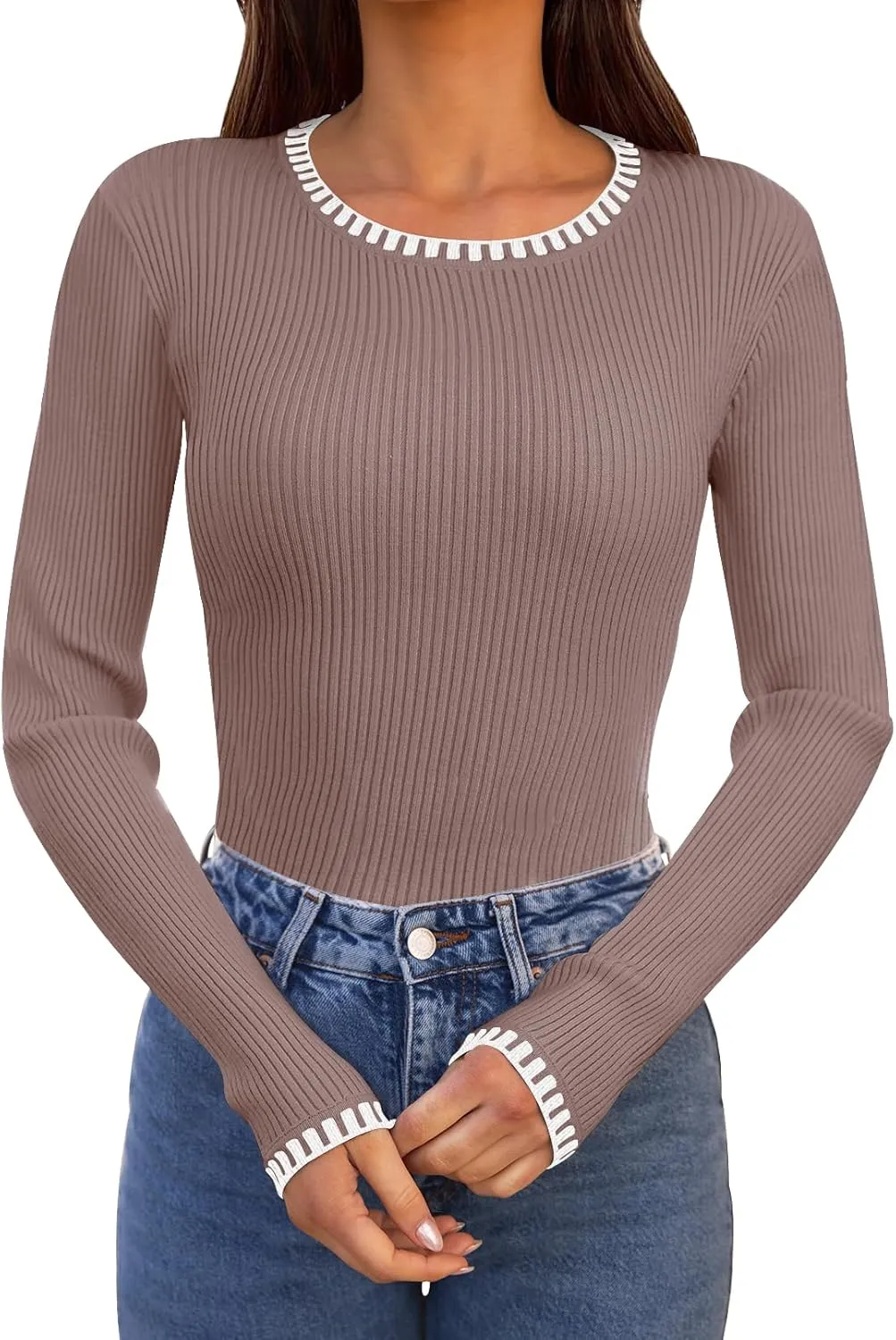 MEROKEETY Women's 2024 Long Sleeve Ribbed Color Block Sweater Crewneck Slim Fitted Basic Knit T Shirt Tops