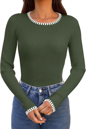MEROKEETY Women's 2024 Long Sleeve Ribbed Color Block Sweater Crewneck Slim Fitted Basic Knit T Shirt Tops