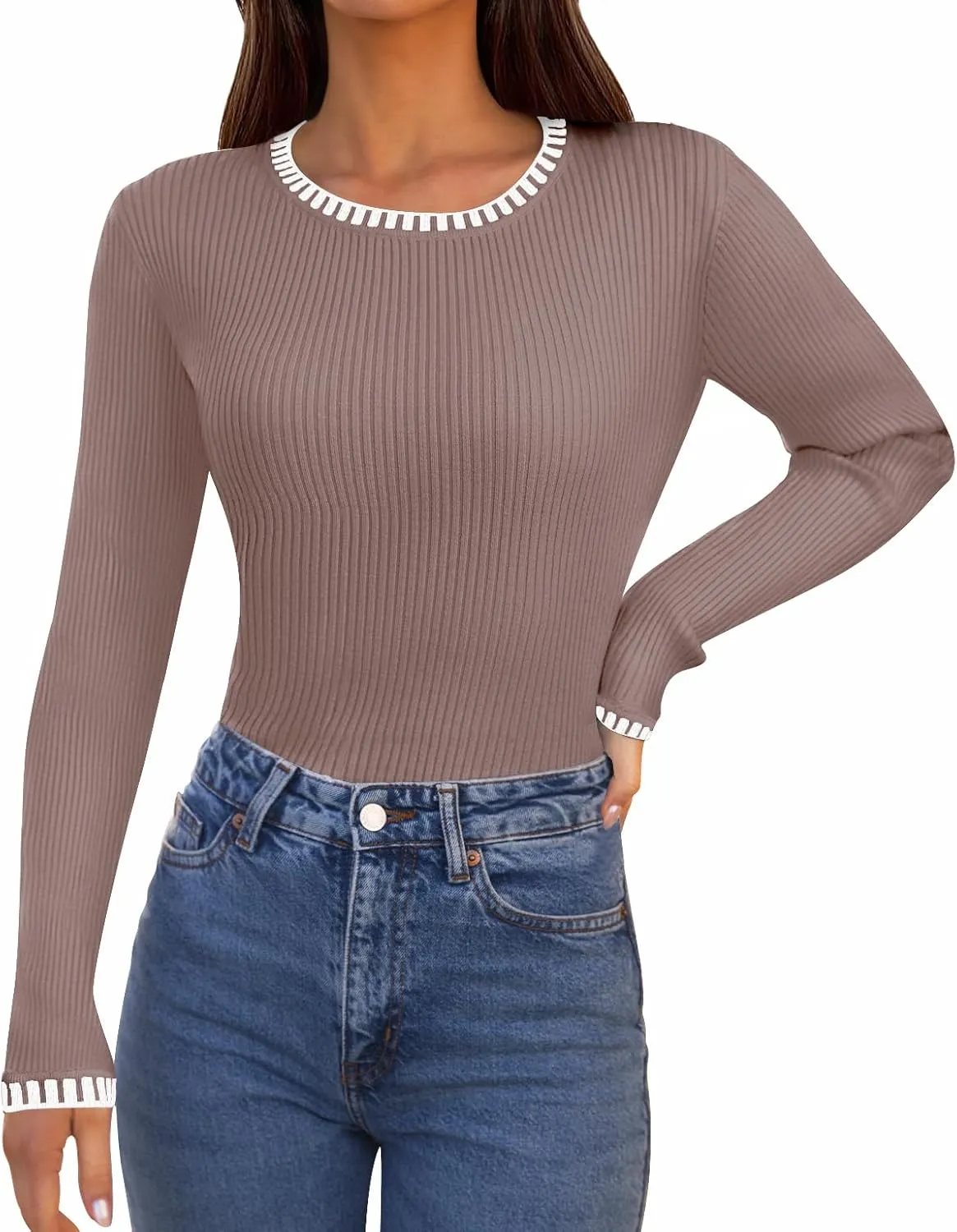 MEROKEETY Women's 2024 Long Sleeve Ribbed Color Block Sweater Crewneck Slim Fitted Basic Knit T Shirt Tops