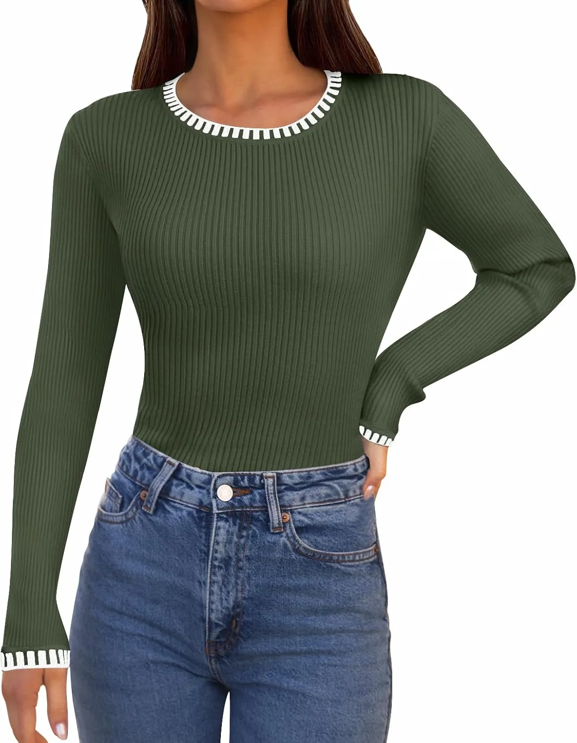 MEROKEETY Women's 2024 Long Sleeve Ribbed Color Block Sweater Crewneck Slim Fitted Basic Knit T Shirt Tops