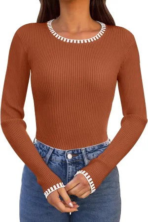 MEROKEETY Women's 2024 Long Sleeve Ribbed Color Block Sweater Crewneck Slim Fitted Basic Knit T Shirt Tops