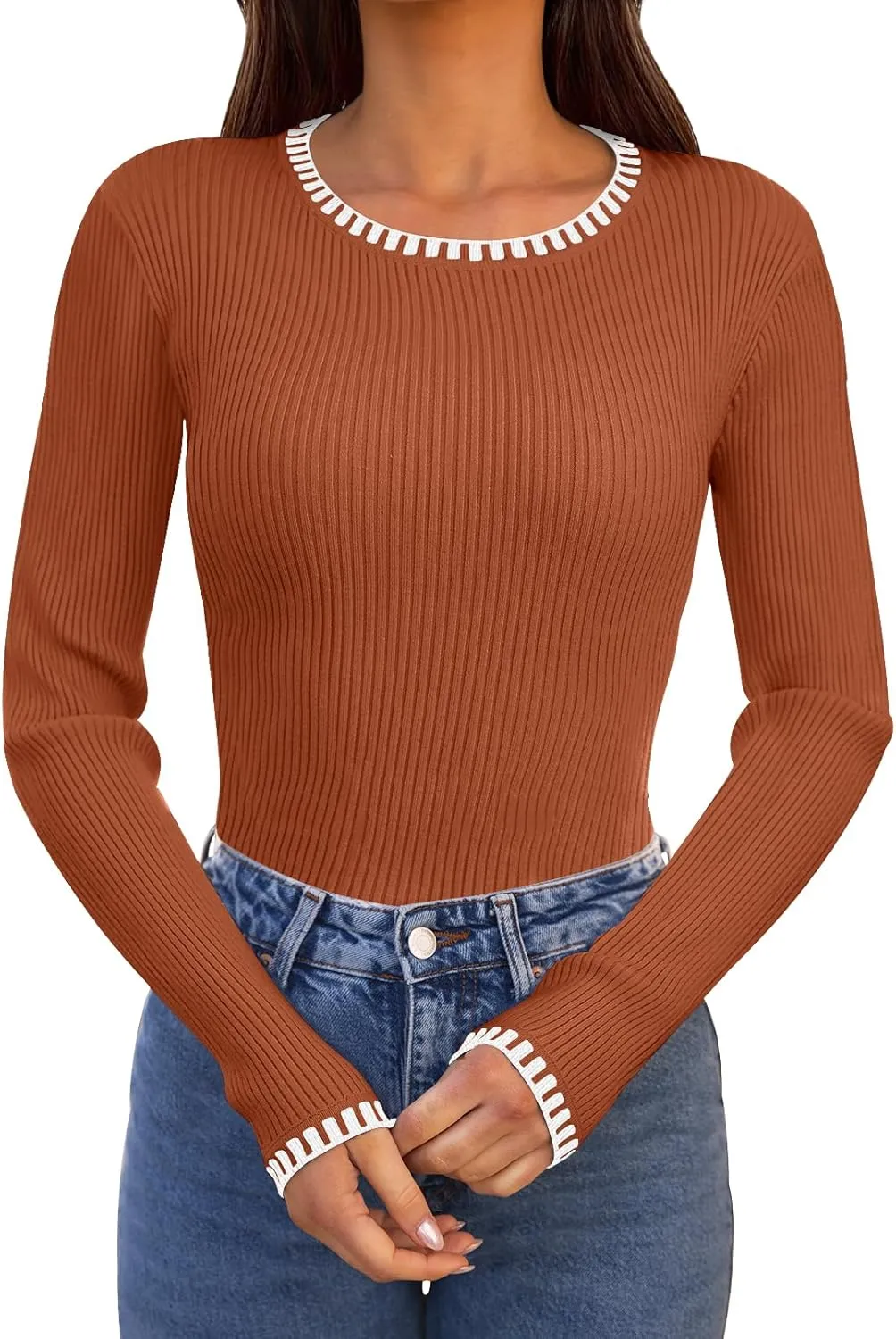 MEROKEETY Women's 2024 Long Sleeve Ribbed Color Block Sweater Crewneck Slim Fitted Basic Knit T Shirt Tops