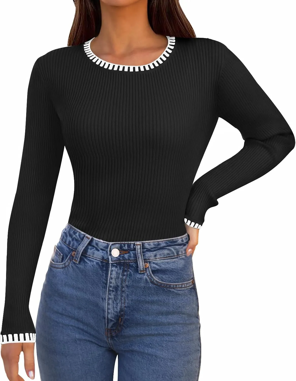 MEROKEETY Women's 2024 Long Sleeve Ribbed Color Block Sweater Crewneck Slim Fitted Basic Knit T Shirt Tops