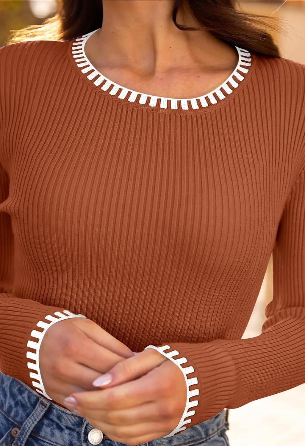 MEROKEETY Women's 2024 Long Sleeve Ribbed Color Block Sweater Crewneck Slim Fitted Basic Knit T Shirt Tops