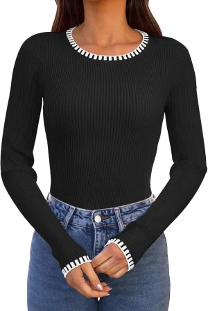 MEROKEETY Women's 2024 Long Sleeve Ribbed Color Block Sweater Crewneck Slim Fitted Basic Knit T Shirt Tops