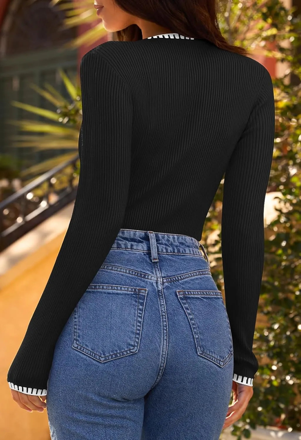 MEROKEETY Women's 2024 Long Sleeve Ribbed Color Block Sweater Crewneck Slim Fitted Basic Knit T Shirt Tops