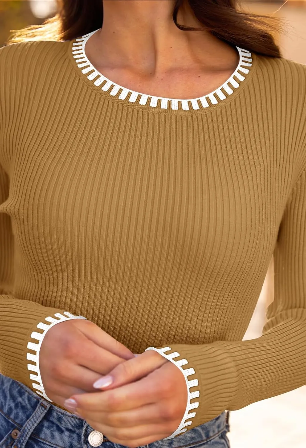 MEROKEETY Women's 2024 Long Sleeve Ribbed Color Block Sweater Crewneck Slim Fitted Basic Knit T Shirt Tops