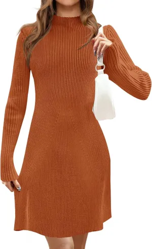 MEROKEETY Women's 2025 Fall Long Sleeve Sweater Dress Turtleneck Ribbed Knit Bodycon Short Mini Dresses