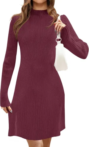 MEROKEETY Women's 2025 Fall Long Sleeve Sweater Dress Turtleneck Ribbed Knit Bodycon Short Mini Dresses