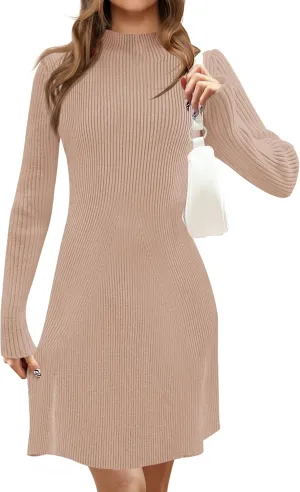MEROKEETY Women's 2025 Fall Long Sleeve Sweater Dress Turtleneck Ribbed Knit Bodycon Short Mini Dresses