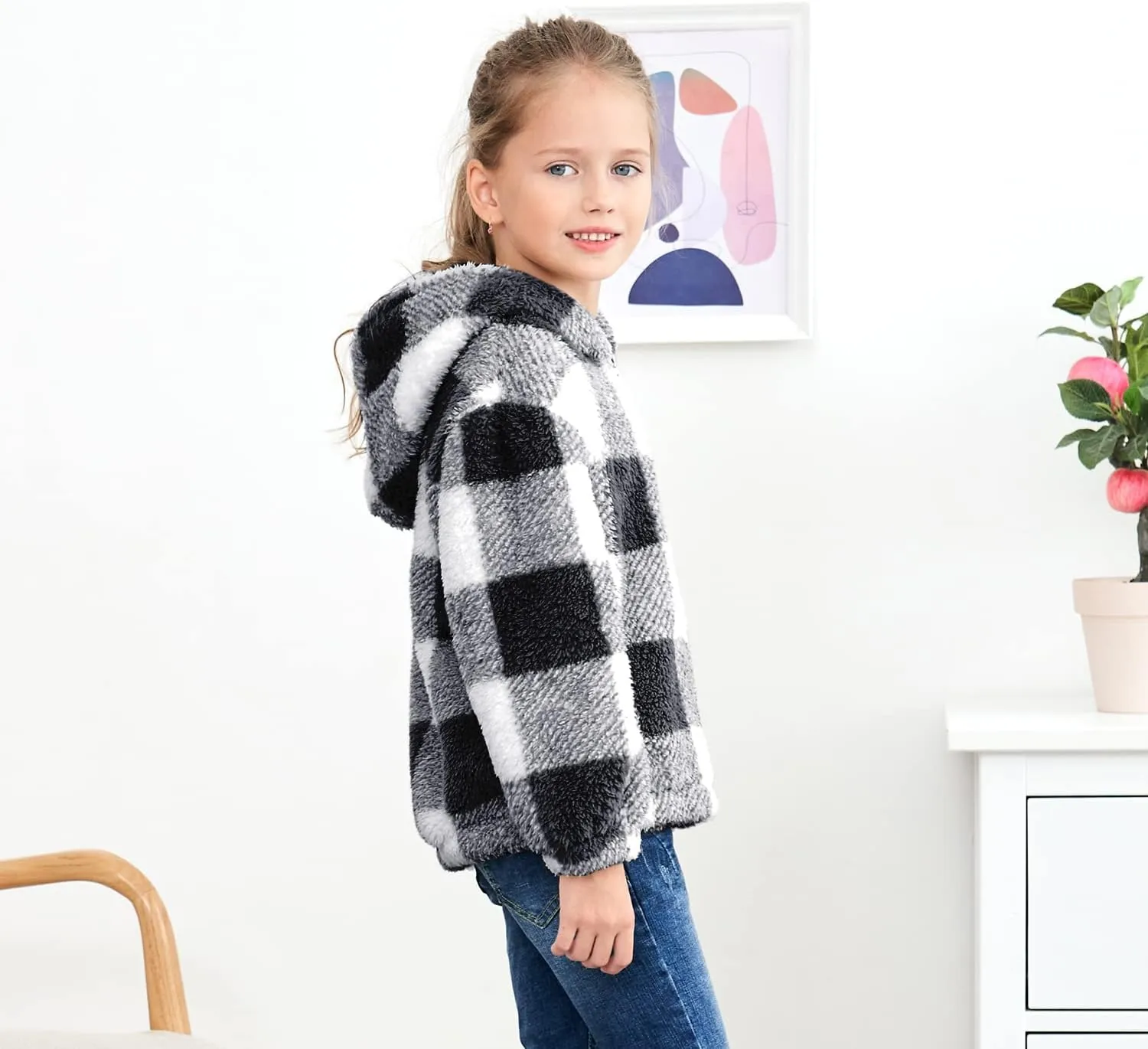 MODAFANS Girls Buffalo Plaid Fleece Hoodies Pullover Teddy Bear Jacket Sweatshirt Casual Outwear Coat with Pockets 4-13Years