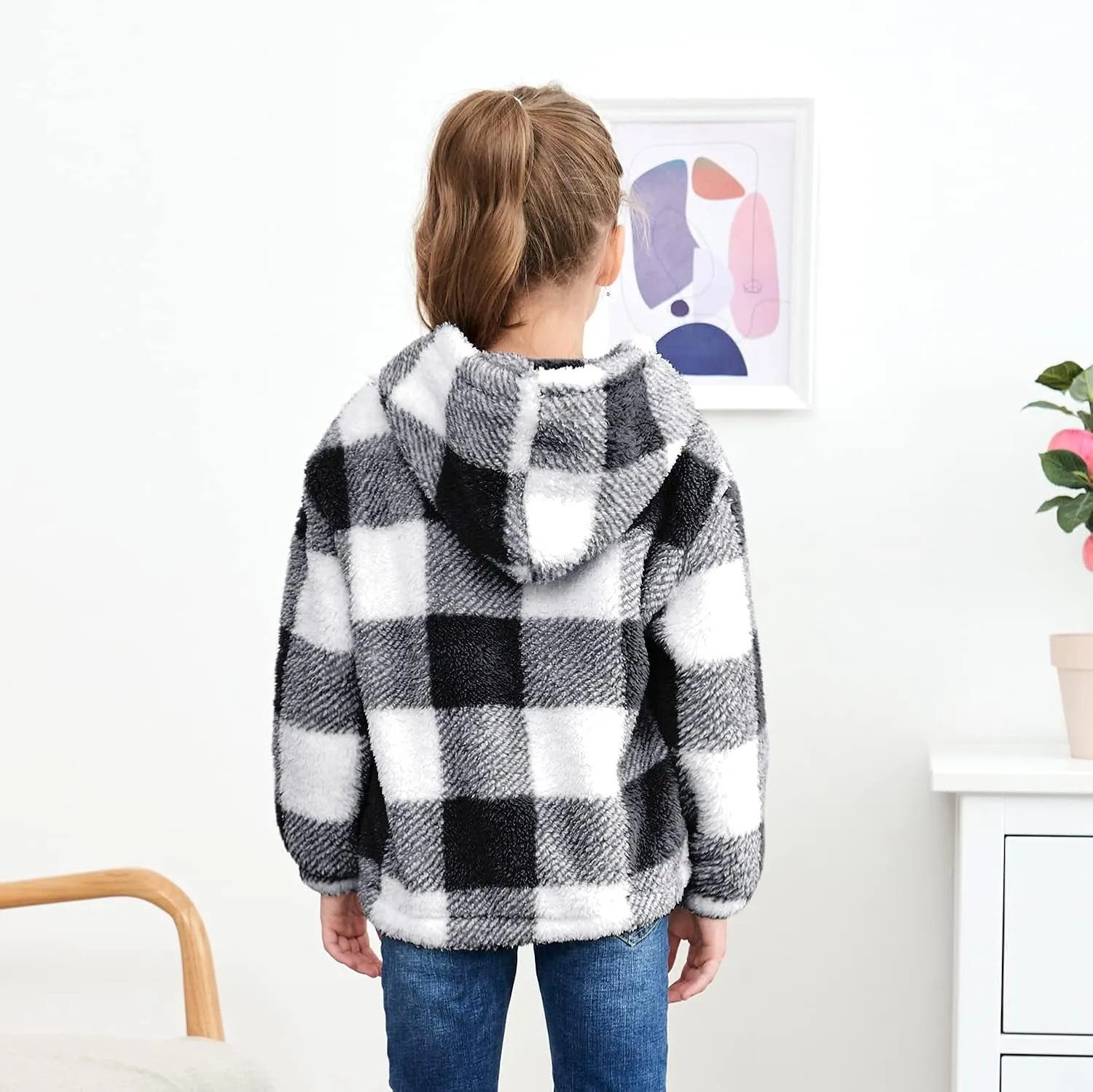 MODAFANS Girls Buffalo Plaid Fleece Hoodies Pullover Teddy Bear Jacket Sweatshirt Casual Outwear Coat with Pockets 4-13Years