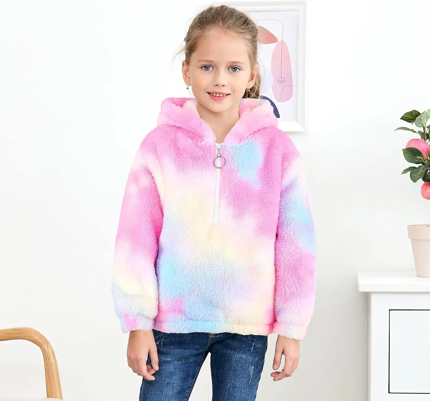 MODAFANS Girls Buffalo Plaid Fleece Hoodies Pullover Teddy Bear Jacket Sweatshirt Casual Outwear Coat with Pockets 4-13Years