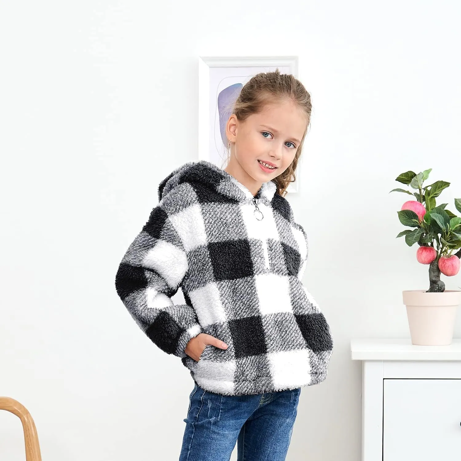 MODAFANS Girls Buffalo Plaid Fleece Hoodies Pullover Teddy Bear Jacket Sweatshirt Casual Outwear Coat with Pockets 4-13Years