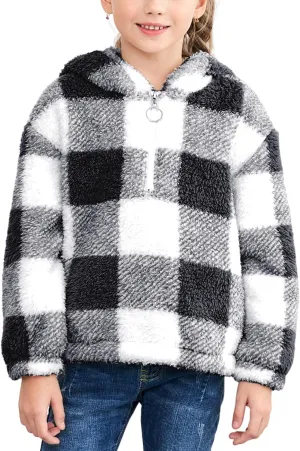 MODAFANS Girls Buffalo Plaid Fleece Hoodies Pullover Teddy Bear Jacket Sweatshirt Casual Outwear Coat with Pockets 4-13Years